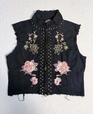 Sanjoy Black Floral Embroidered Studded Distressed Vest